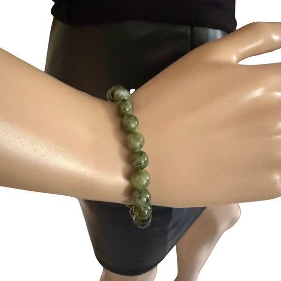 Green Serpentine Energy Bracelet 6.75 inch Natural Stone Beaded Stretch 8mm Bead - Picture 3 of 10